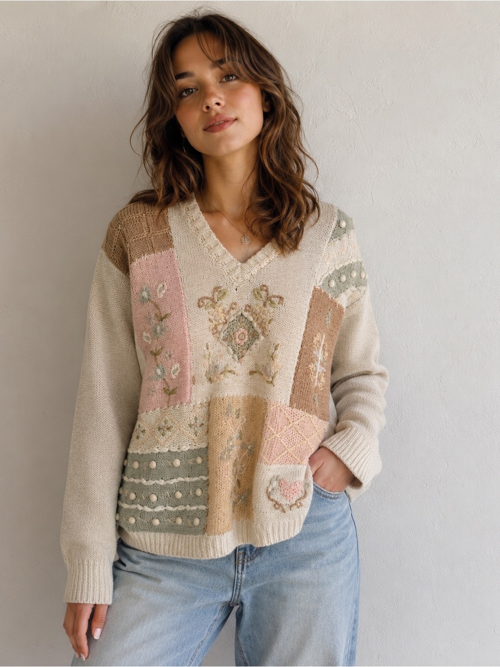 Whimsical Vintage Patchwork Knit Sweater Cottagecore Coquette Embroidered S